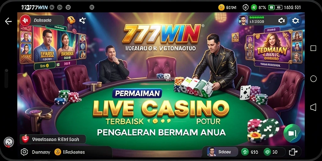 Screenshot gameplay <strong>777WIN</strong> menampilkan dealer langsung dan suasana kasino yang mengesankan.