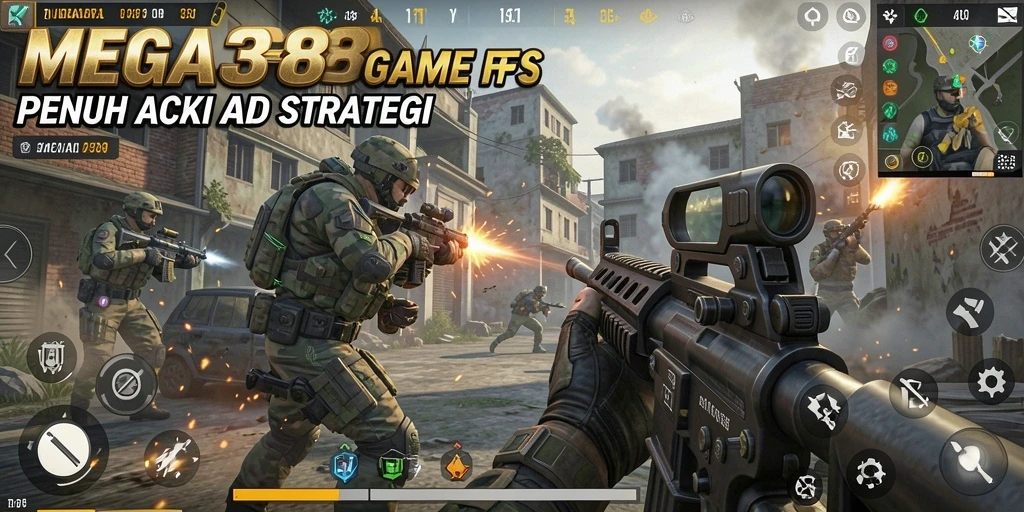 Screenshot gameplay MEGA388 dengan aksi menegangkan dalam pertempuran FPS.
